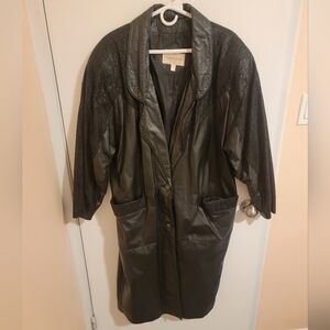 Charles Klein Leather Jacket Womens XL Black Long Old Money 80s 90s Vintage Y2K